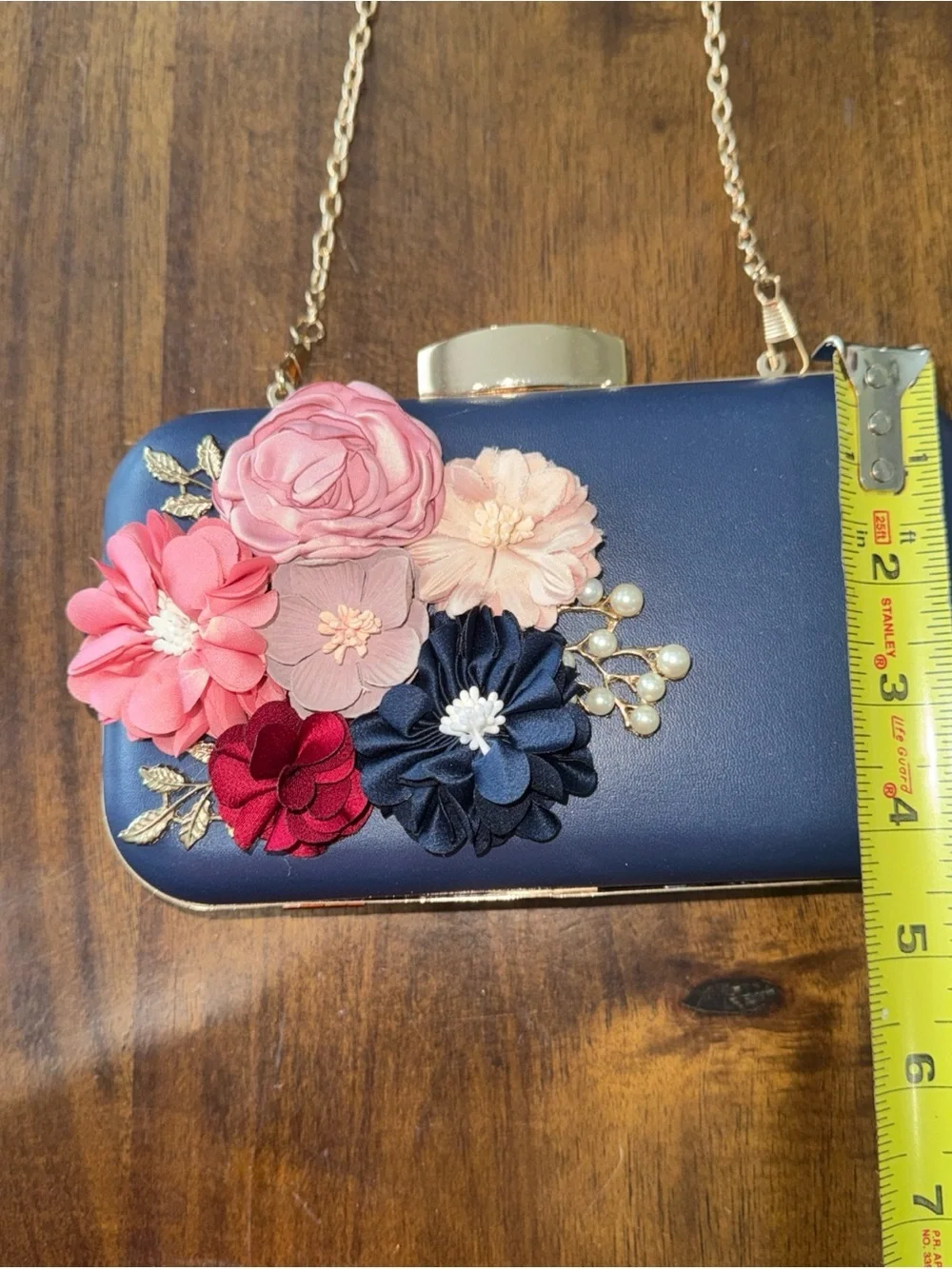 Navy Pink Floral Lulu Townsend Clutch Shoulder Strap Bag Purse Silver Chain
